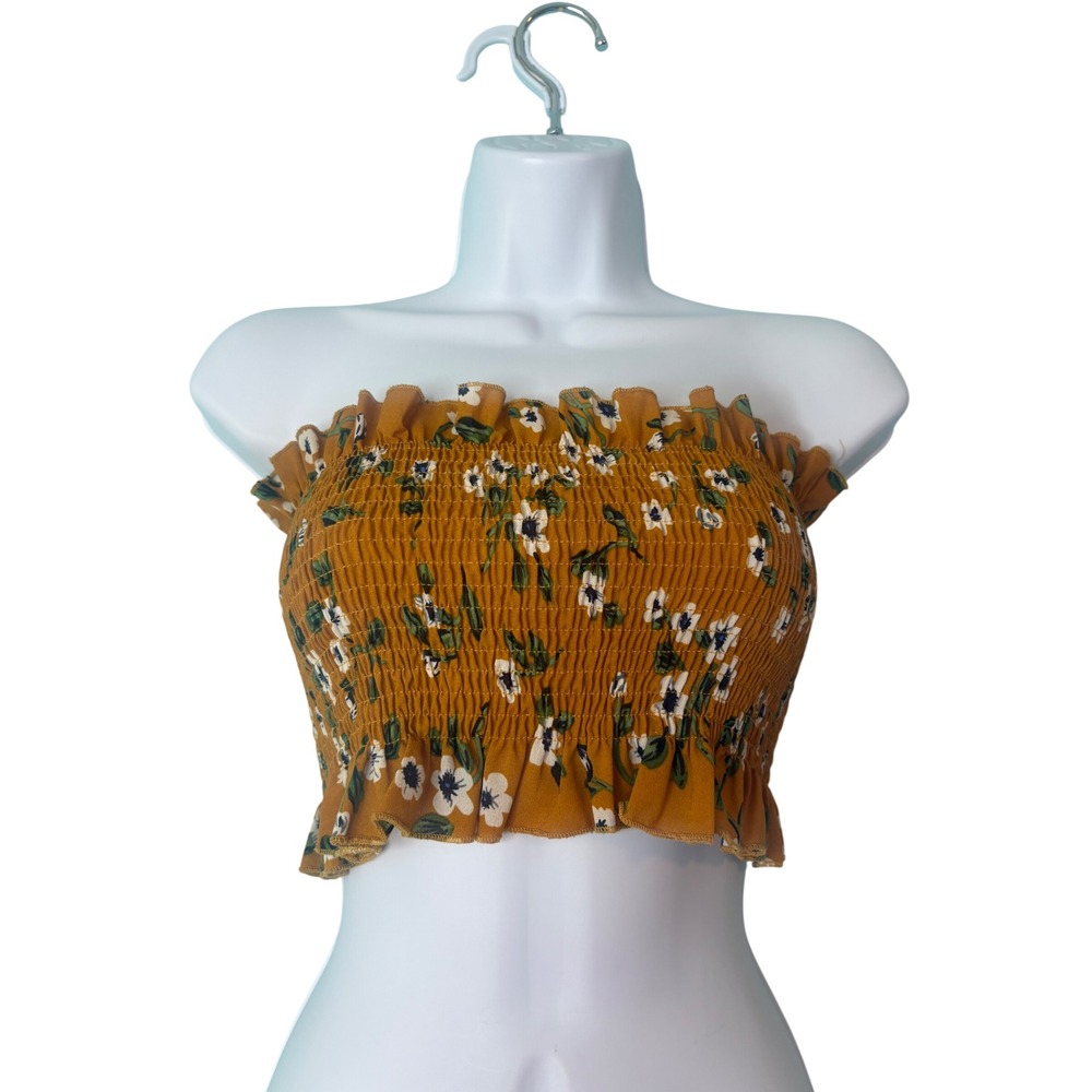 Zaful Mustard Yellow Floral Smocked Tube‎ Crop Top Ruffle Small Festival Boho